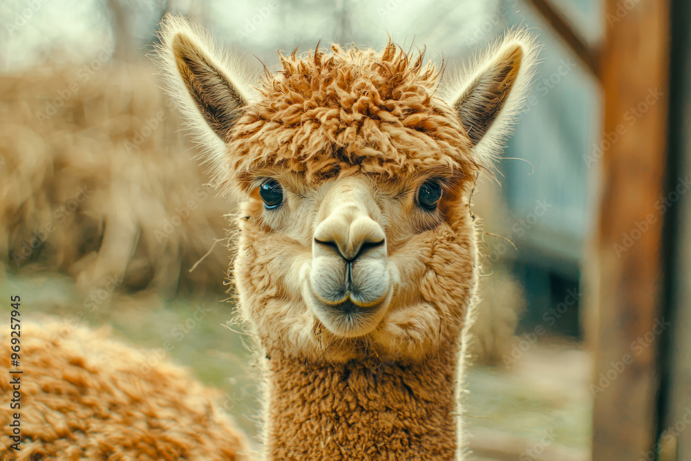Obraz premium Portrait of brown color alpaca in open zoo or contact farm. Funny looking animal.