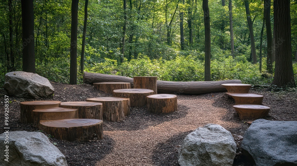 A forest path with a series of logs and rocks A forest path with a series of logs and rocks