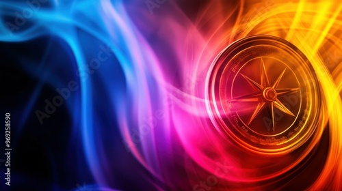 A vibrant, abstract design featuring a compass amidst colorful swirling light.