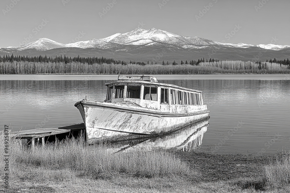 An abandoned fishing boat slowly sinking into calm waters, surrounded by majestic mountains and serene nature. scene evokes sense of nostalgia and tranquility An abandoned fishing boat slowly sinking into calm waters, surrounded by majestic mountains and serene nature. scene evokes sense of nostalgia and tranquility