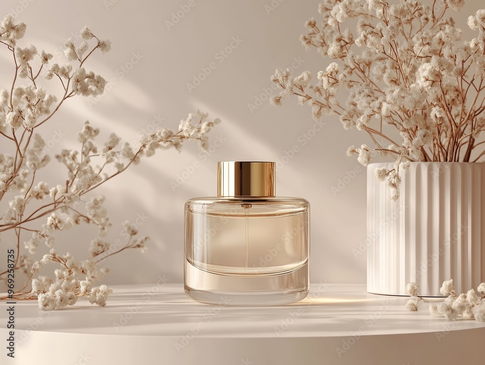 Luxurious Perfume Bottle Mockup with Gold Accents on Minimalist Background Luxurious Perfume Bottle Mockup with Gold Accents on Minimalist Background