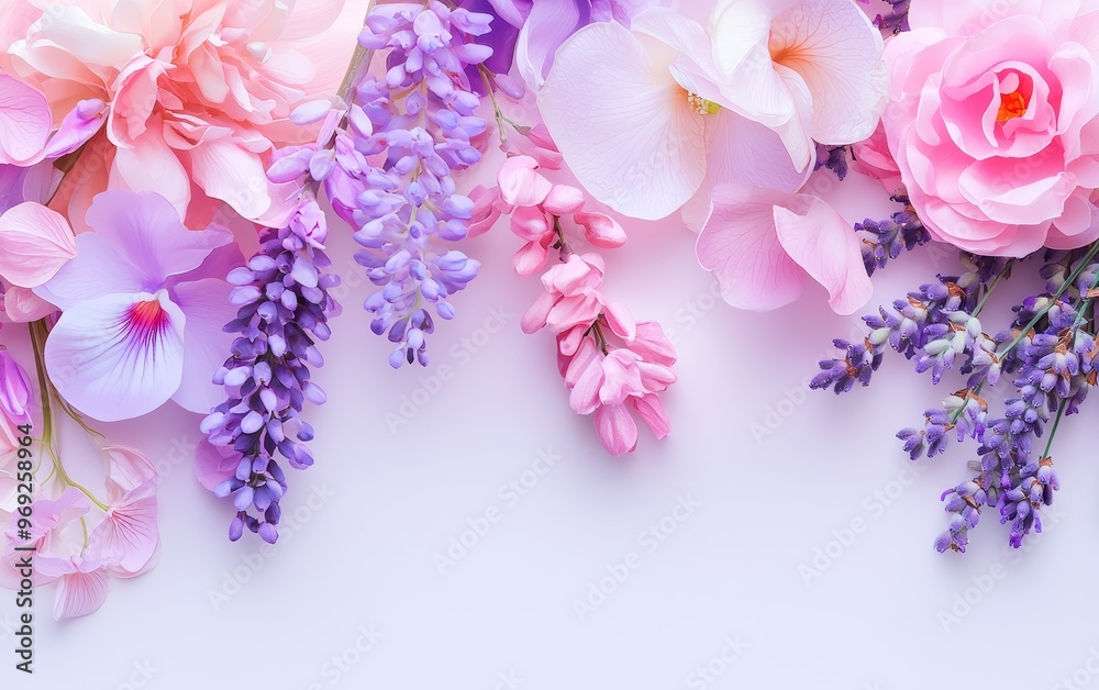 Fototapeta premium A dreamy, romantic floral collage featuring soft pinks, purples, and delicate blooms like lavender and wisteria