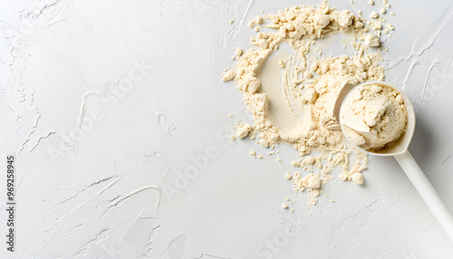 Protein powder and scoop on white background