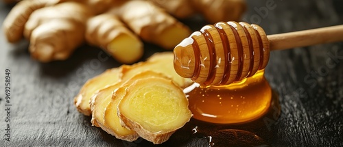 A close-up of fresh ginger root and sliced pieces next to a jar of golden honey on a rustic wooden table...