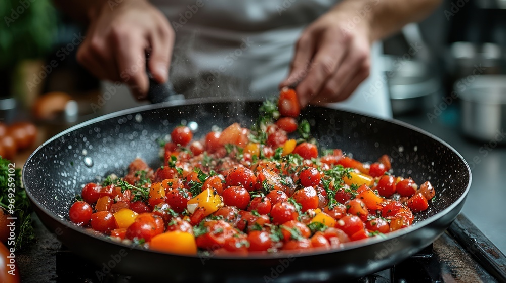 Fresh vegetables being saut?ed in a pan for a delicious dish. Fresh vegetables being saut?ed in a pan for a delicious dish.