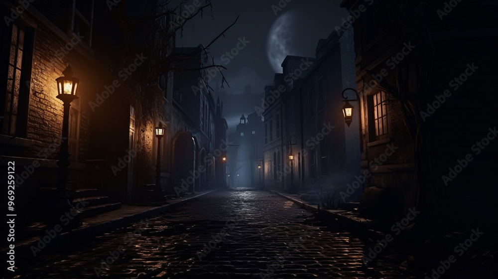 Eerie Halloween night with flickering lanterns lighting a narrow cobblestone alleyway, mist swirling around, dark shadows in the distance, spooky and mysterious mood. Eerie Halloween night with flickering lanterns lighting a narrow cobblestone alleyway, mist swirling around, dark shadows in the distance, spooky and mysterious mood.