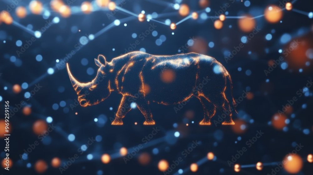 A glowing rhinoceros silhouette against a network of blue and orange particles. A glowing rhinoceros silhouette against a network of blue and orange particles.