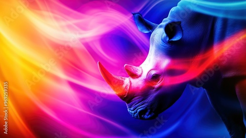 A vibrant, artistic depiction of a rhinoceros against a colorful, swirling background.