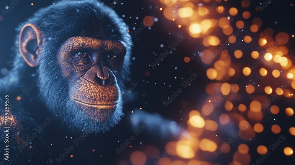A realistic depiction of a monkey surrounded by glowing particles. A realistic depiction of a monkey surrounded by glowing particles.