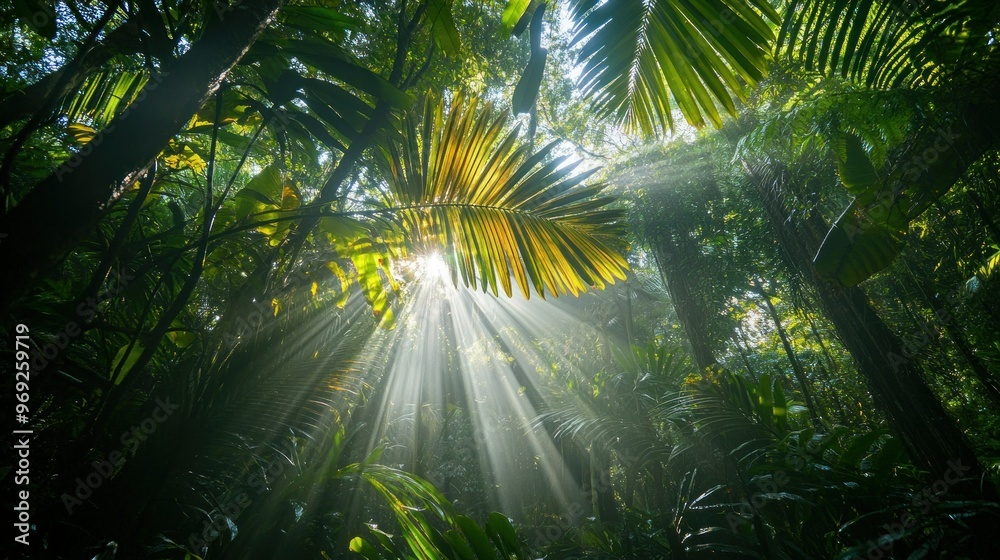 Naklejka premium Sunlight filters through lush jungle foliage, creating a serene and vibrant atmosphere.