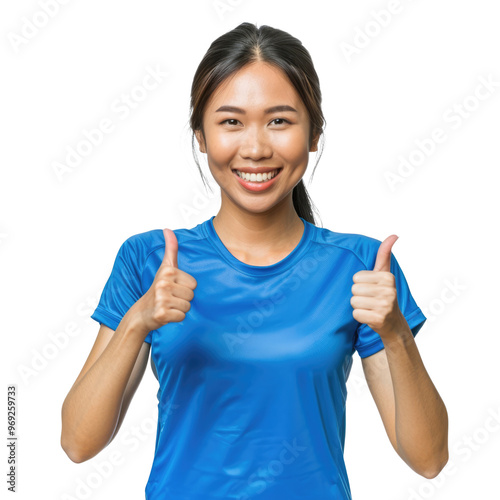 amiling asian woman in blue shirt, thumbs up isolated photo