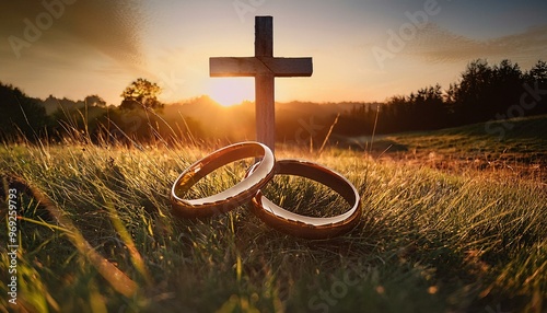 Gold Wedding Rigs with Wooden Cross on a hill of mountain. 