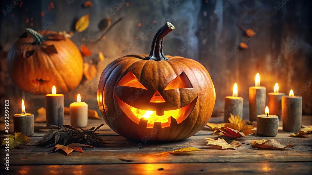 Fototapeta premium A weathered pumpkin, its carved face a twisted grin, glows with an eerie light, set amidst a snarling