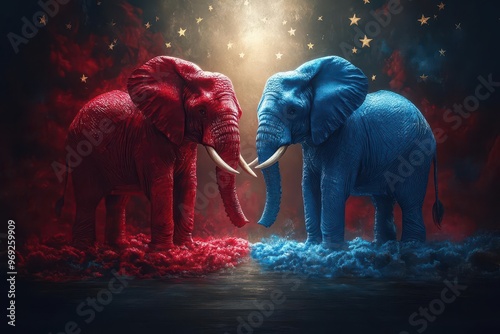 red elephant and blue donkey facing off in a dramatic political arena surrounded by swirling stars and stripes symbolizing the clash of american political ideologies photo