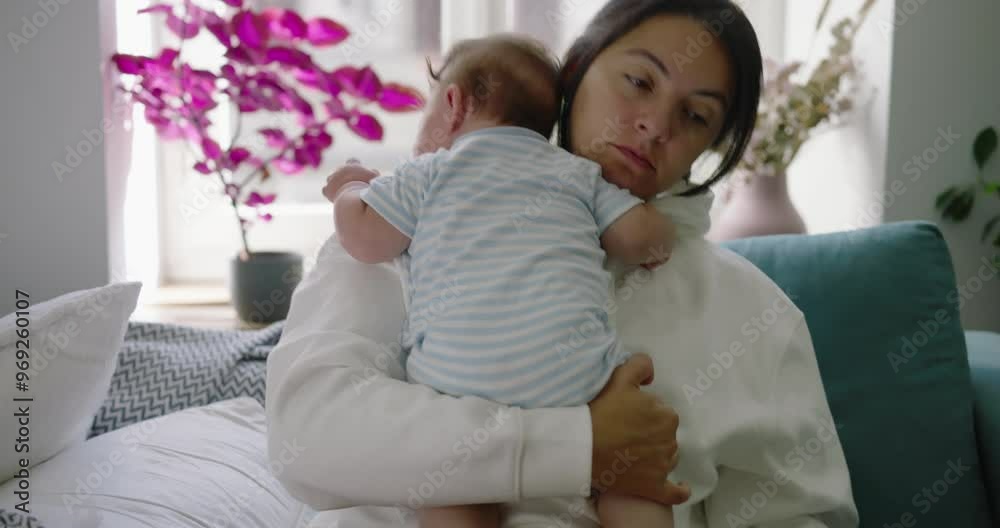 Mother holds her baby close, gently cradling them on her lap while sitting on a couch in a bright and cozy living room, capturing the essence of family time Mother holds her baby close, gently cradling them on her lap while sitting on a couch in a bright and cozy living room, capturing the essence of family time