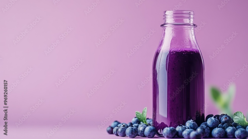 A bottle of purple smoothie surrounded by fresh blueberries on a soft pink background. A bottle of purple smoothie surrounded by fresh blueberries on a soft pink background.