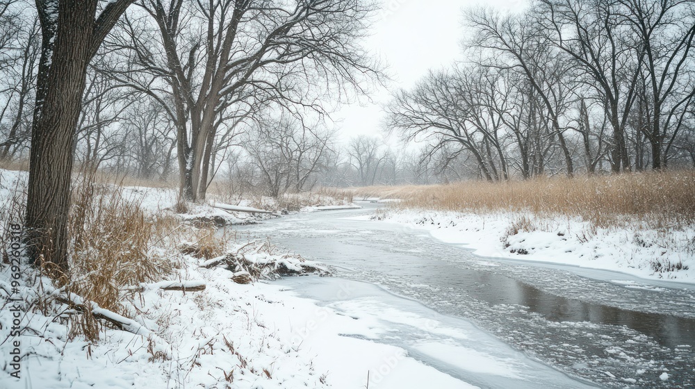 Obraz premium A serene winter landscape featuring a frozen river and snow-covered trees.