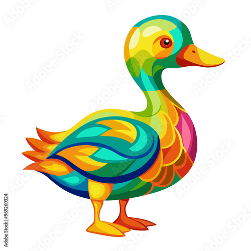 A colorful, stylized duck with vibrant hues, featuring a round head, bright orange beak, and detailed feather patterns.