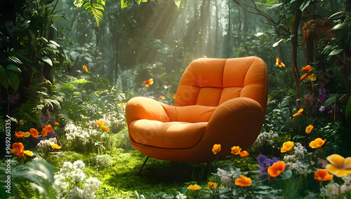 Bright orange chair amidst lush greenery and vibrant flowers, creating a serene and inviting outdoor relaxation space. photo