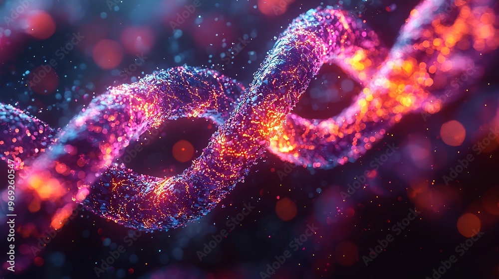 Semiabstract rendering of human chromosomes with glowing neon strands intertwining in dynamic patterns symbolizing genetic coding and inheritance