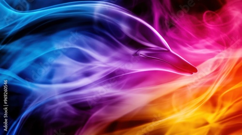 A vibrant, abstract representation of a dolphin amidst colorful smoke-like waves.