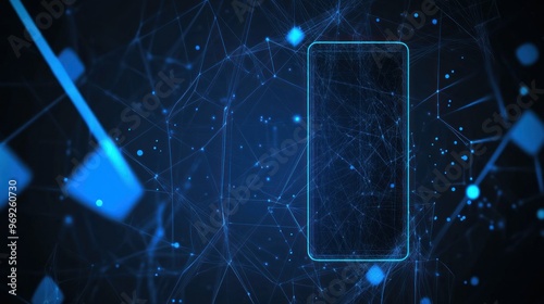Abstract digital background featuring a smartphone outline amidst a network of blue connections.