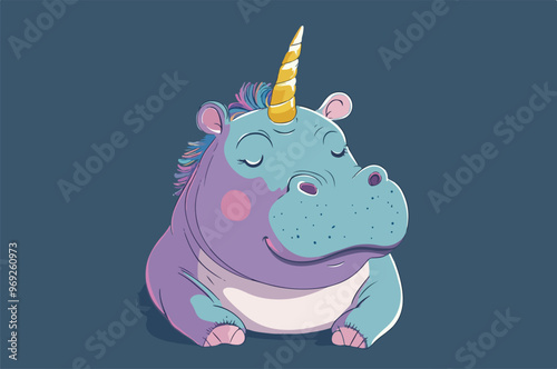 Vector illustration of a cute hippopotamus unicorn, ideal for children’s and fantasy designs