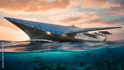 Solar powered ship on the sea green ship  photo