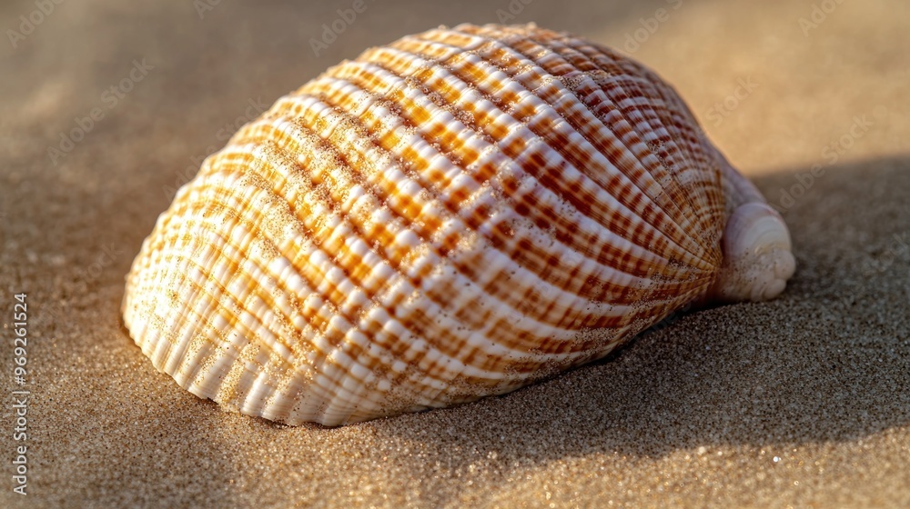 A close-up of a beautifully patterned seashell resting on sandy beach. A close-up of a beautifully patterned seashell resting on sandy beach.