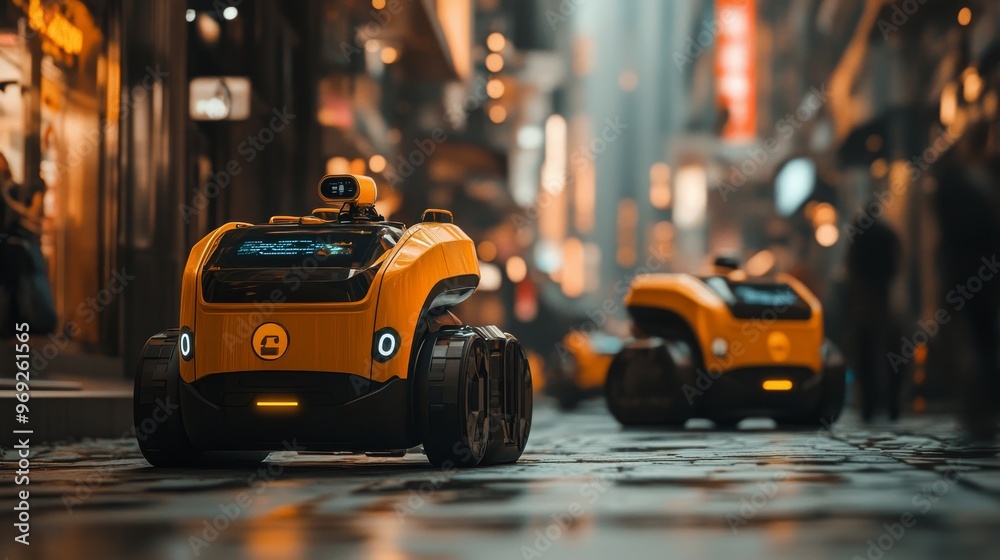 Futuristic AI-enhanced delivery robots navigating dense urban environments autonomously: Small robots delivering goods through crowded city streets, adjusting routes in real time. Futuristic AI-enhanced delivery robots navigating dense urban environments autonomously: Small robots delivering goods through crowded city streets, adjusting routes in real time.