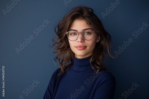 Woman Model Stylish Glasses Professional, Plain Navy Background, Portrait Shot, Full Body Shot, Smart Business Look