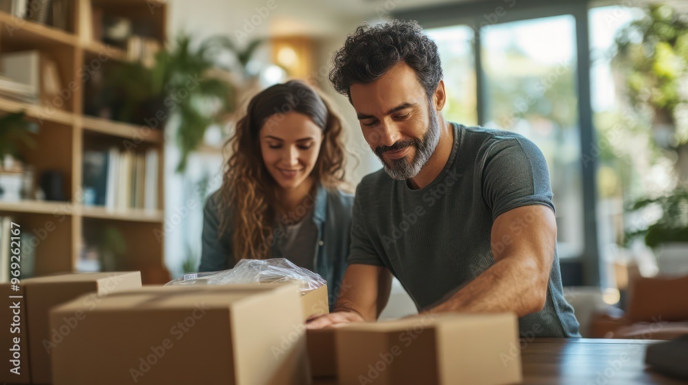 A man and woman are opening a box together A man and woman are opening a box together