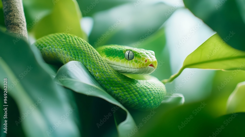 Obraz premium A green snake coiled on a branch, its scales blending seamlessly with the surrounding leaves and plants.