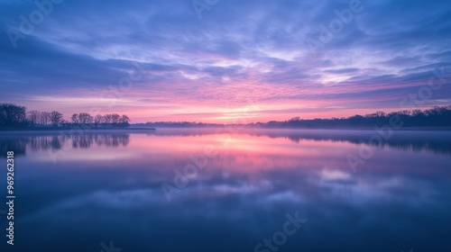 A serene lake at sunrise, reflecting vibrant colors and clouds in a tranquil setting.