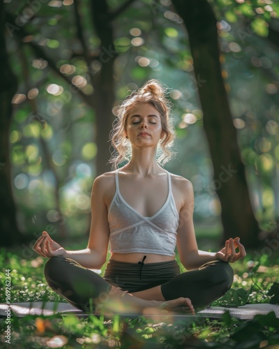 young woman sitting cross-legged on a yoga mat, meditating in a lush green park
