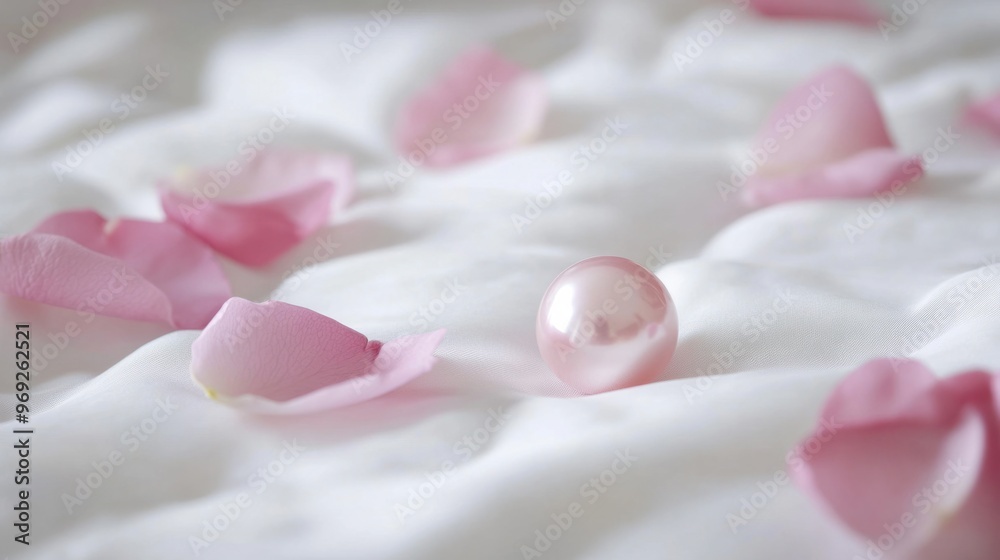 A single pink pearl resting on a white pillow, with delicate rose petals scattered around for a soft, romantic feel. A single pink pearl resting on a white pillow, with delicate rose petals scattered around for a soft, romantic feel.