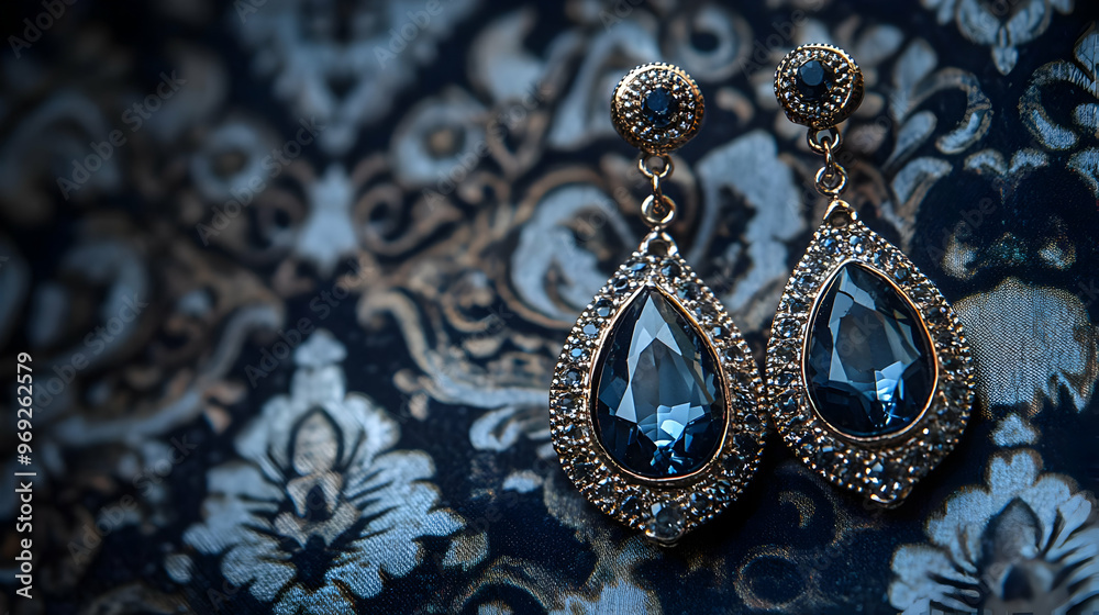 Obraz premium Elegant blue earrings showcased against a vintage patterned background, emphasizing luxury and timeless style.