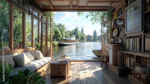 a houseboat on a river with a beautiful interior. It is a summerâ€™s day. 16K, Hyper-realistic, photorealistic . photo