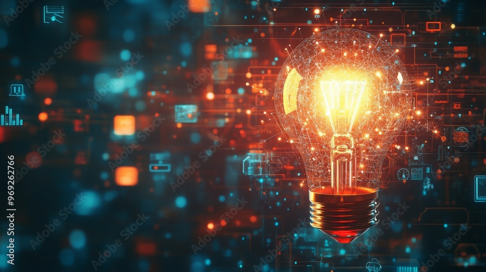 A glowing lightbulb made of digital code, representing innovation. A glowing lightbulb made of digital code, representing innovation.