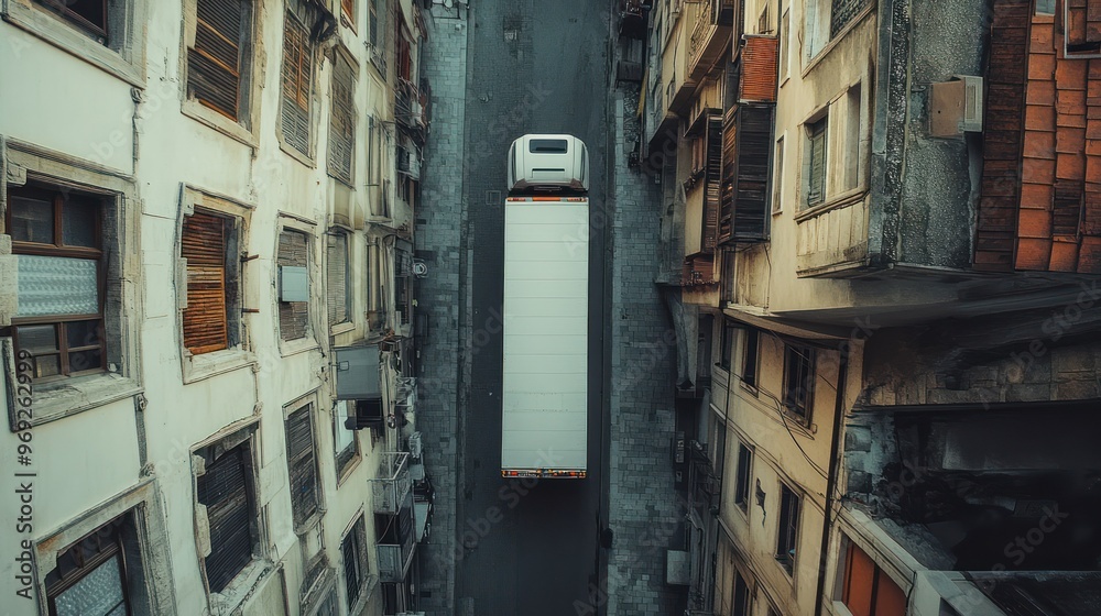 Aerial view of a truck navigating a narrow street between tall buildings. Aerial view of a truck navigating a narrow street between tall buildings.
