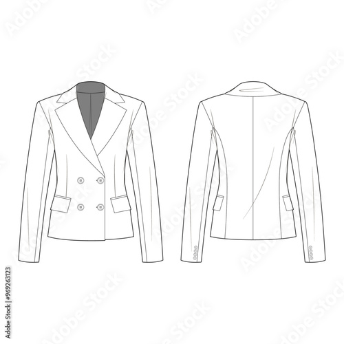 Notch lapel blazer vector sketch. Formal tailored jacket. Lapel collar long sleeve outerwear with double buttons. Work wear coat suit with welt pockets.