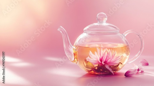 A glass teapot with a pink flower, filled with tea, set against a soft pink background.