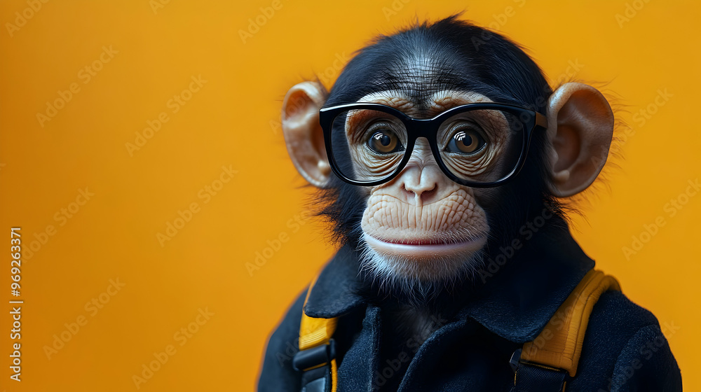 A stylish monkey with glasses, dressed in a black jacket, poses against a vibrant orange backdrop, creating a playful and fun vibe. A stylish monkey with glasses, dressed in a black jacket, poses against a vibrant orange backdrop, creating a playful and fun vibe.