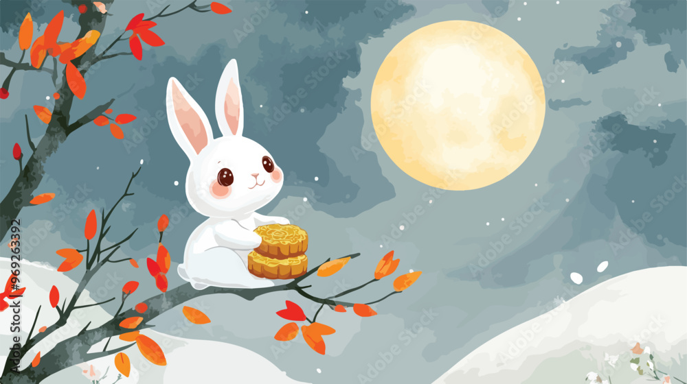 Cute Rabbit Sits on an Osmanthus Tree Holding a Flower Cute Rabbit Sits on an Osmanthus Tree Holding a Flower