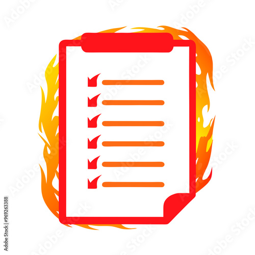 Red clipboard with checkmarks, surrounded by flames, symbolizing urgent tasks or a high-pressure situation