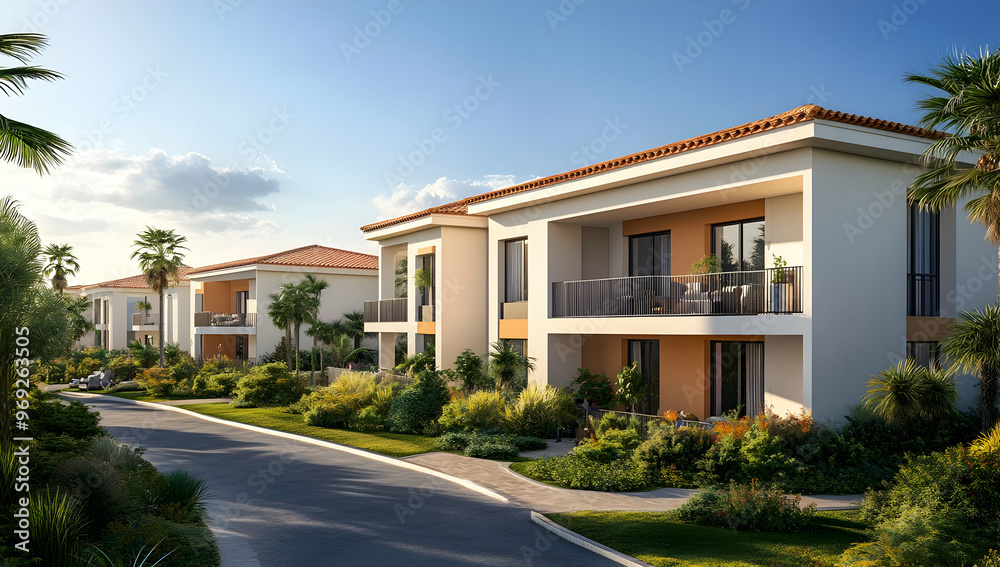 Modern residential buildings along a serene street, surrounded by lush greenery and palm trees, ideal for tranquil living. Modern residential buildings along a serene street, surrounded by lush greenery and palm trees, ideal for tranquil living.