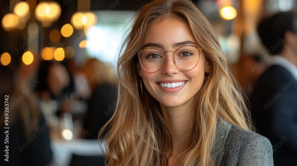Obraz premium A woman with long blonde hair and glasses is smiling at the camera