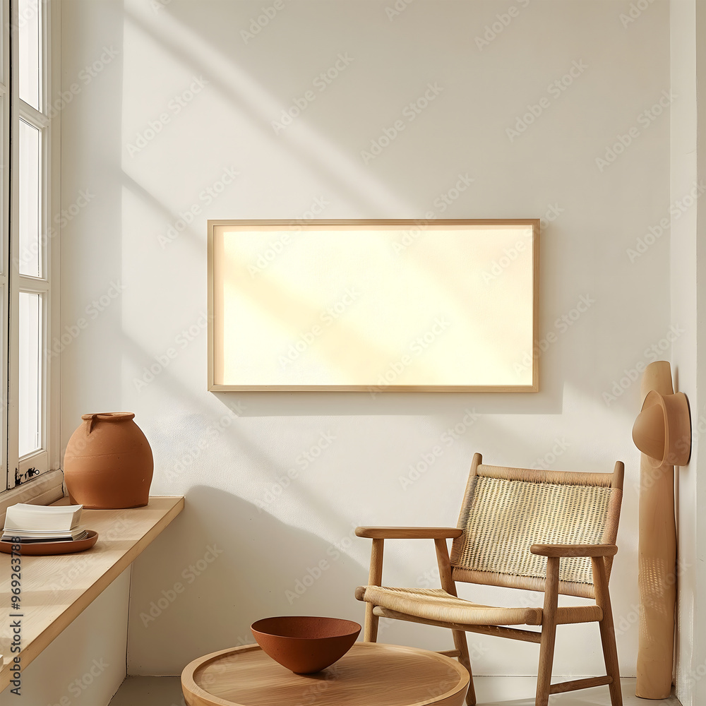 wooden frame mockup in the wabi-sabi style minimalist interior design, soft color palette wooden frame mockup in the wabi-sabi style minimalist interior design, soft color palette