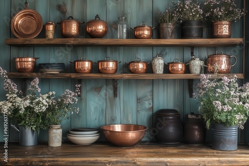 rustic kitchen with sage green paneling weathered wooden floating shelf copper pots hanging warm ambient lighting cozy farmhouse atmosphere