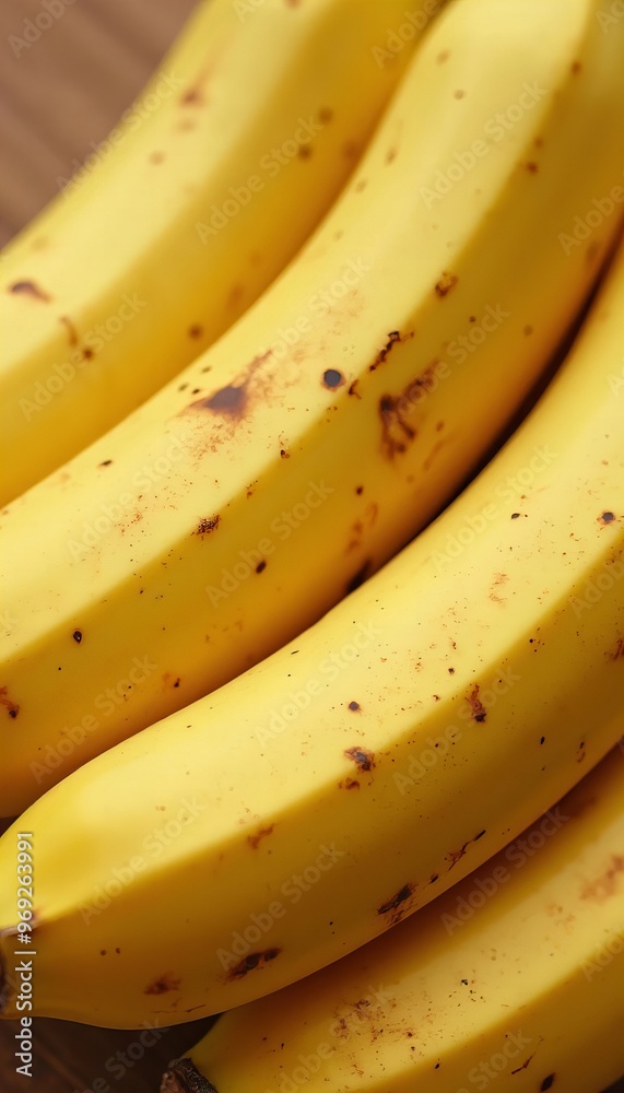A cluster of ripe yellow bananas with slight brown spots, captured in a close-up shot. A cluster of ripe yellow bananas with slight brown spots, captured in a close-up shot.